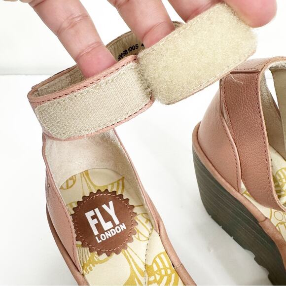 Fly London Size 37/US 6.5-7 Yake Pink Rose Perforated Leather Wedge Sandals - Picture 7 of 11